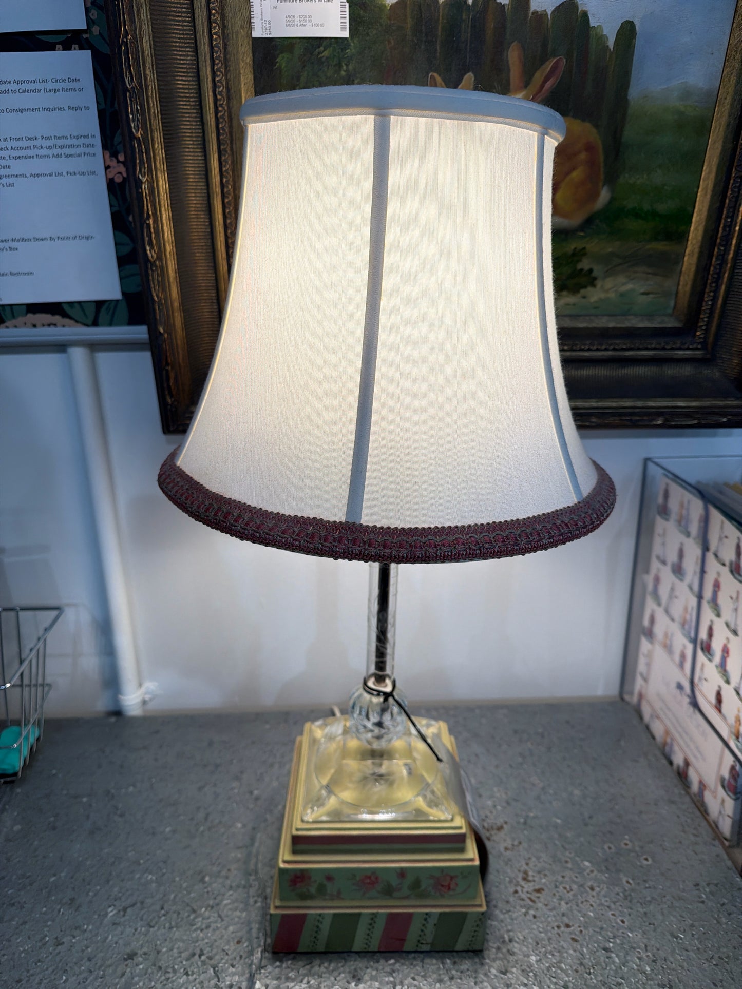Custom Made Painted Wood-Pink/Green Lamp w/ White Silk Shade