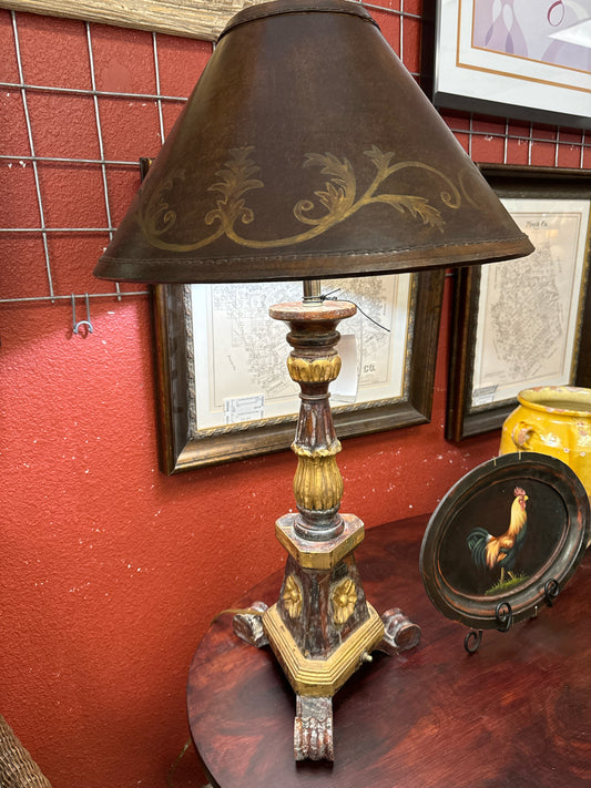 Carved Wood/Brushed Gold w/ Leather Shade Lamp