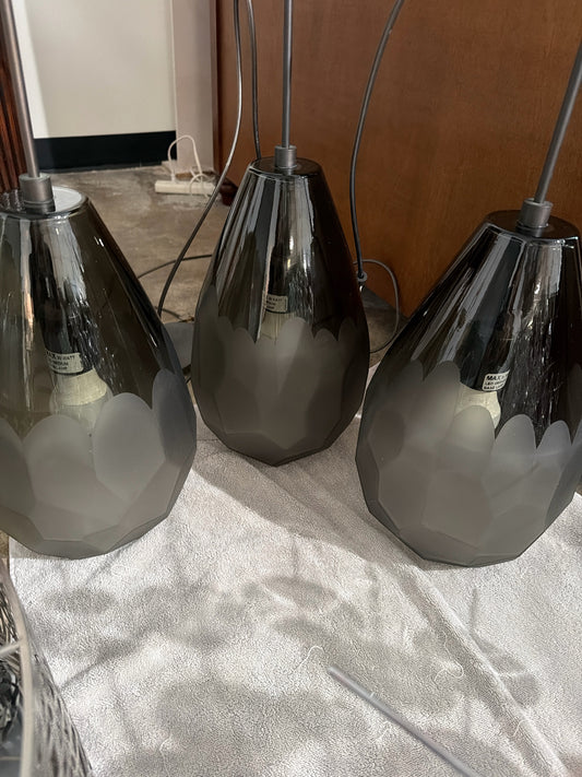 3 Hanging Pendant Lights Dark Gray Glass w/ Teardrop Etching (15" x 8")