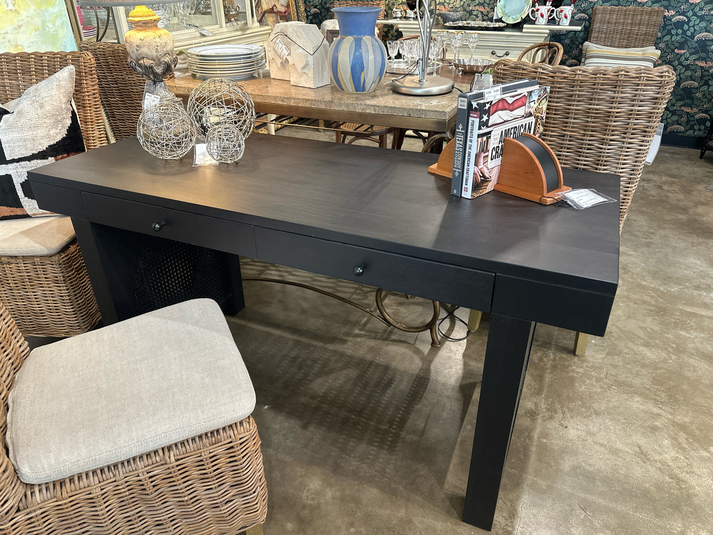 "Tilda" Black Desk 2 Drawers Cane Sides-NEW