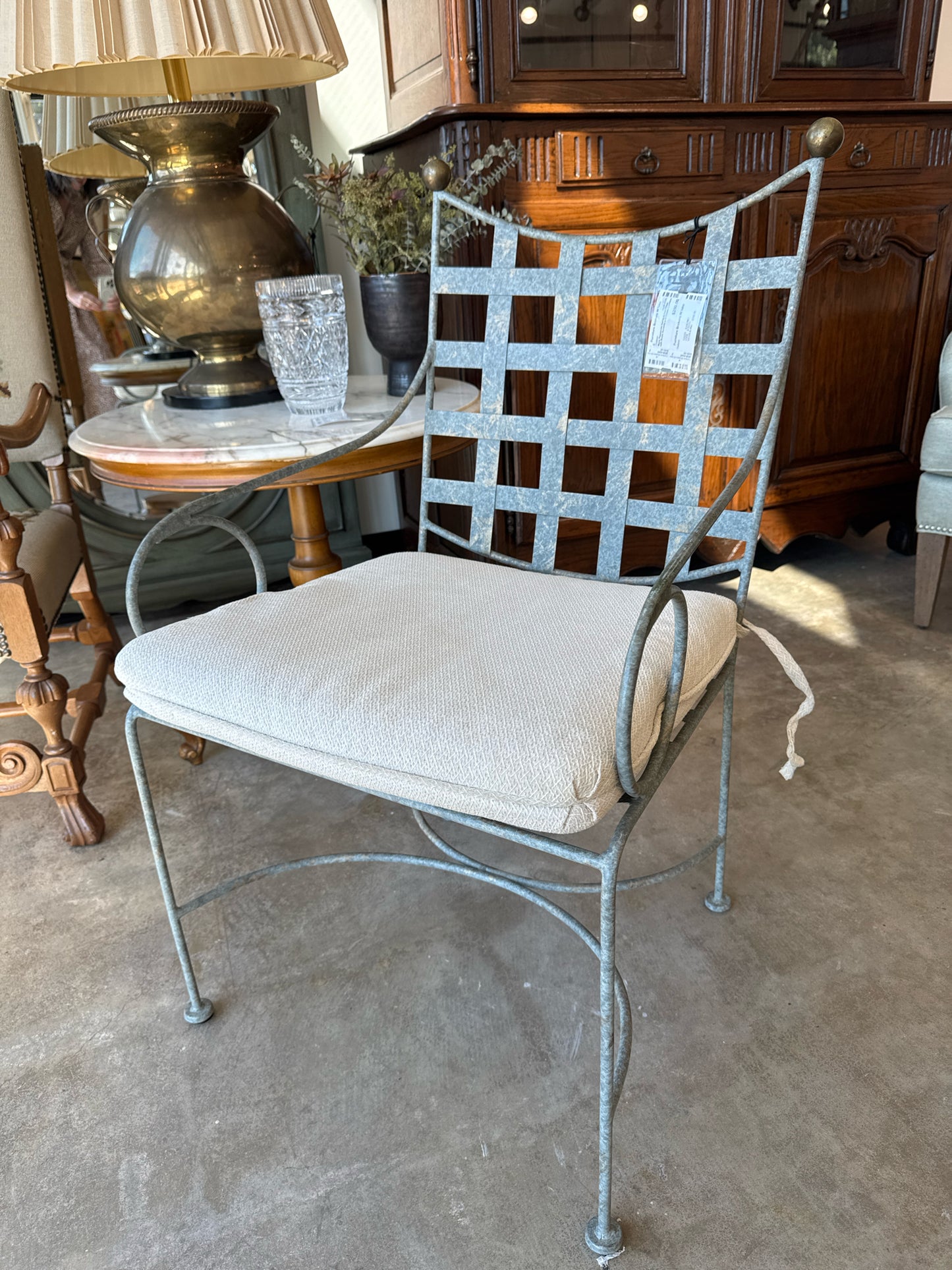 Mario Papperzini Vertigris Iron Chair with Brass Accents and Cream Cushion