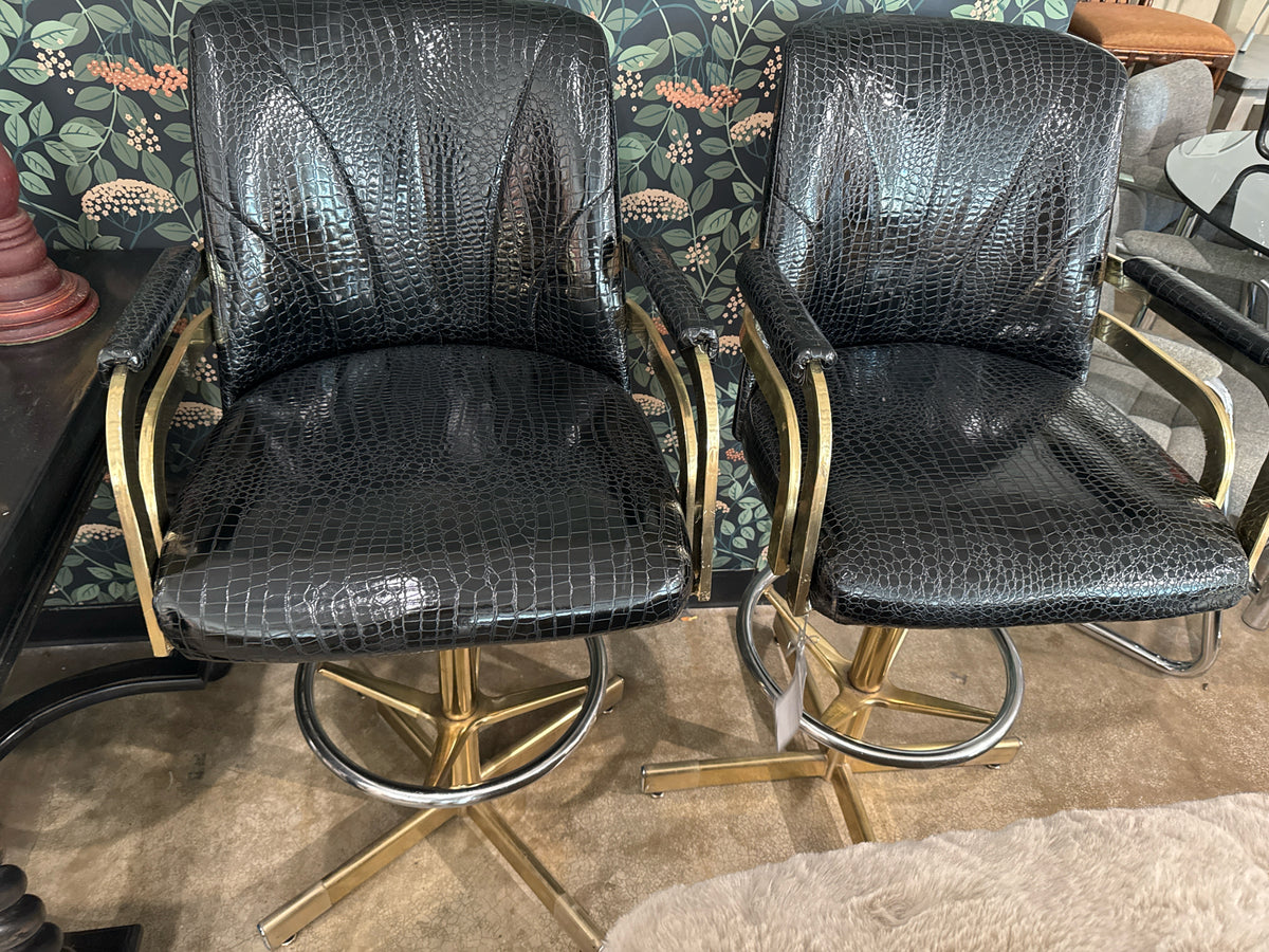 Pair MCM Swivel, Black Faux Crocodile & Gold Metal Leg Barstools