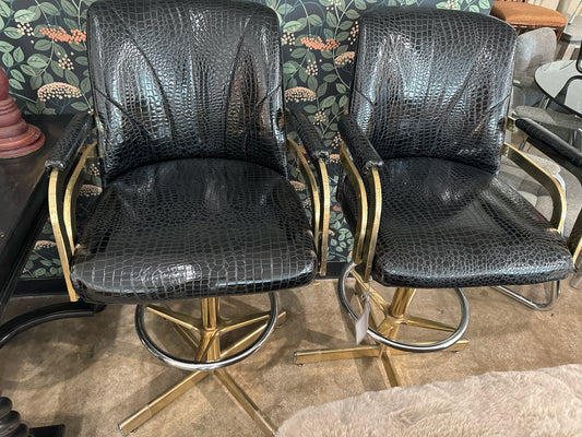 Pair MCM Swivel, Black Faux Crocodile & Gold Metal Leg Barstools