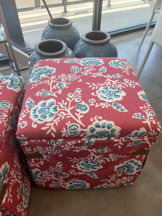 One Kings Lane Storage Ottoman-Red w/Blue/White Flowers