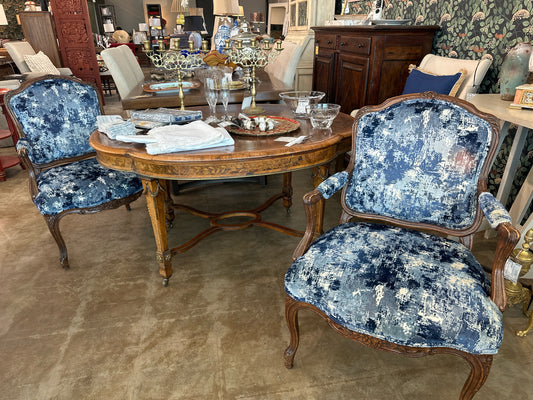 PAIR French Style Blue/White Upholst. Wood Arm Chairs