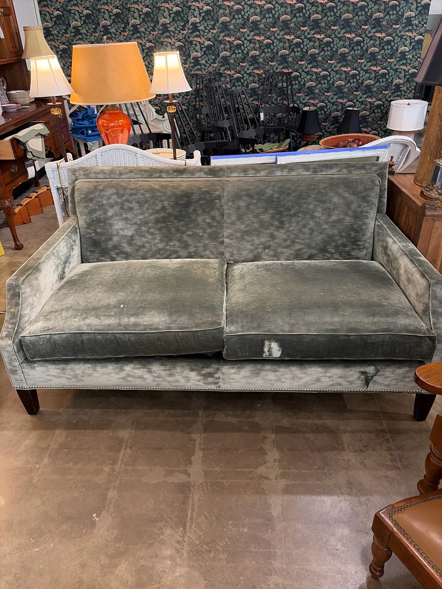 2 Cushion Velvet Sage Green Sofa w/ Nailhead Trim