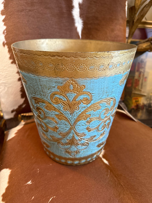 Vintage Hand Painted Aqua and Gold Florentine Waste Basket