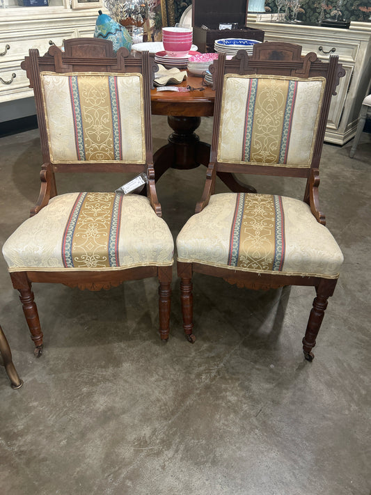 Pair Antique Silk / Carved Wood Chairs