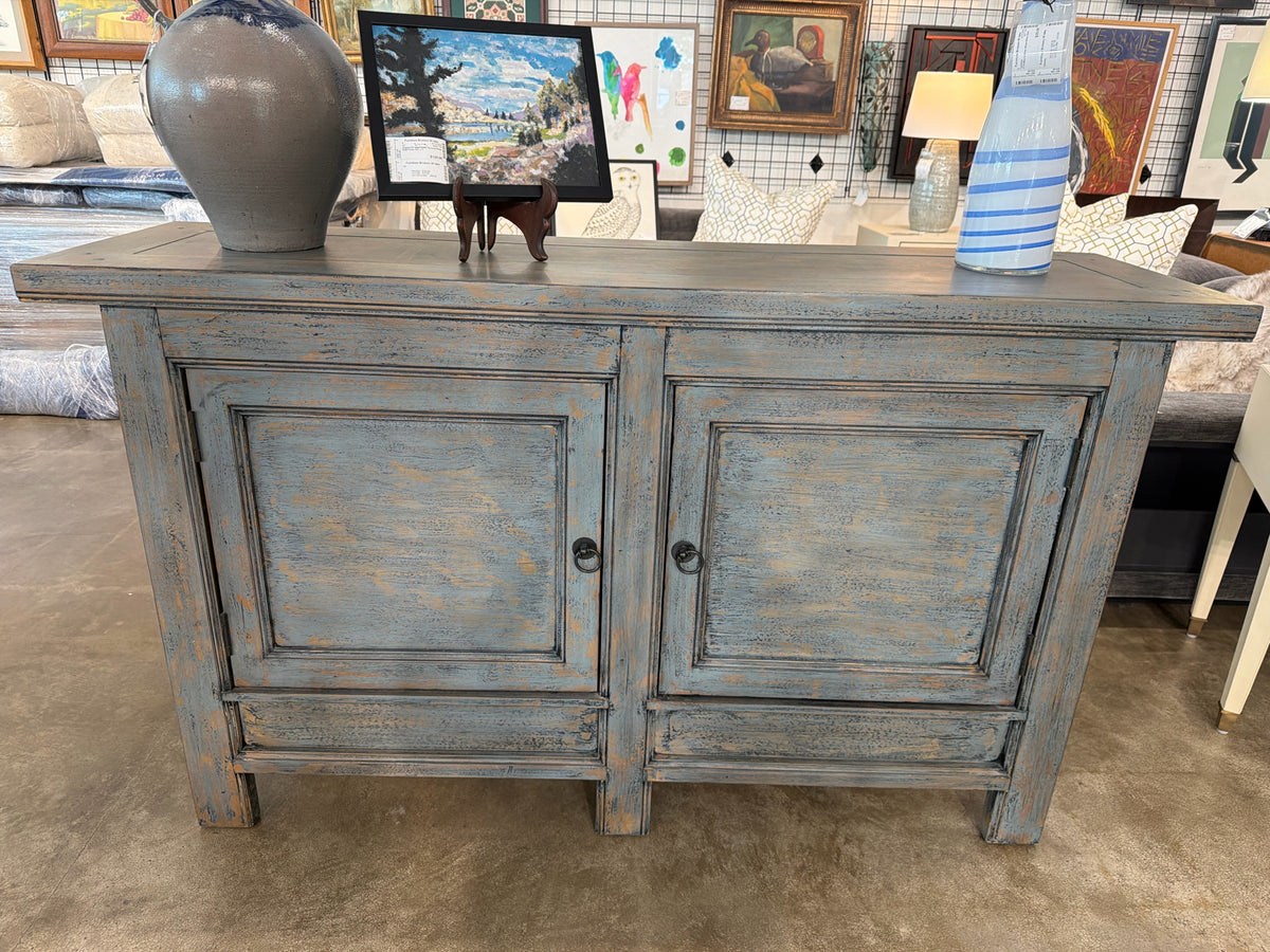 PB Blue/Grey distressed Molucca Media Console w/ 2 Doors 62w X 18d X 36h
