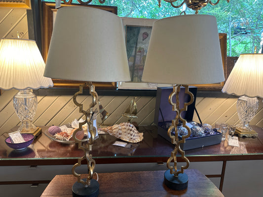 PAIR Gold Contemporary Lamps on Black Bases w/ Off White Shades