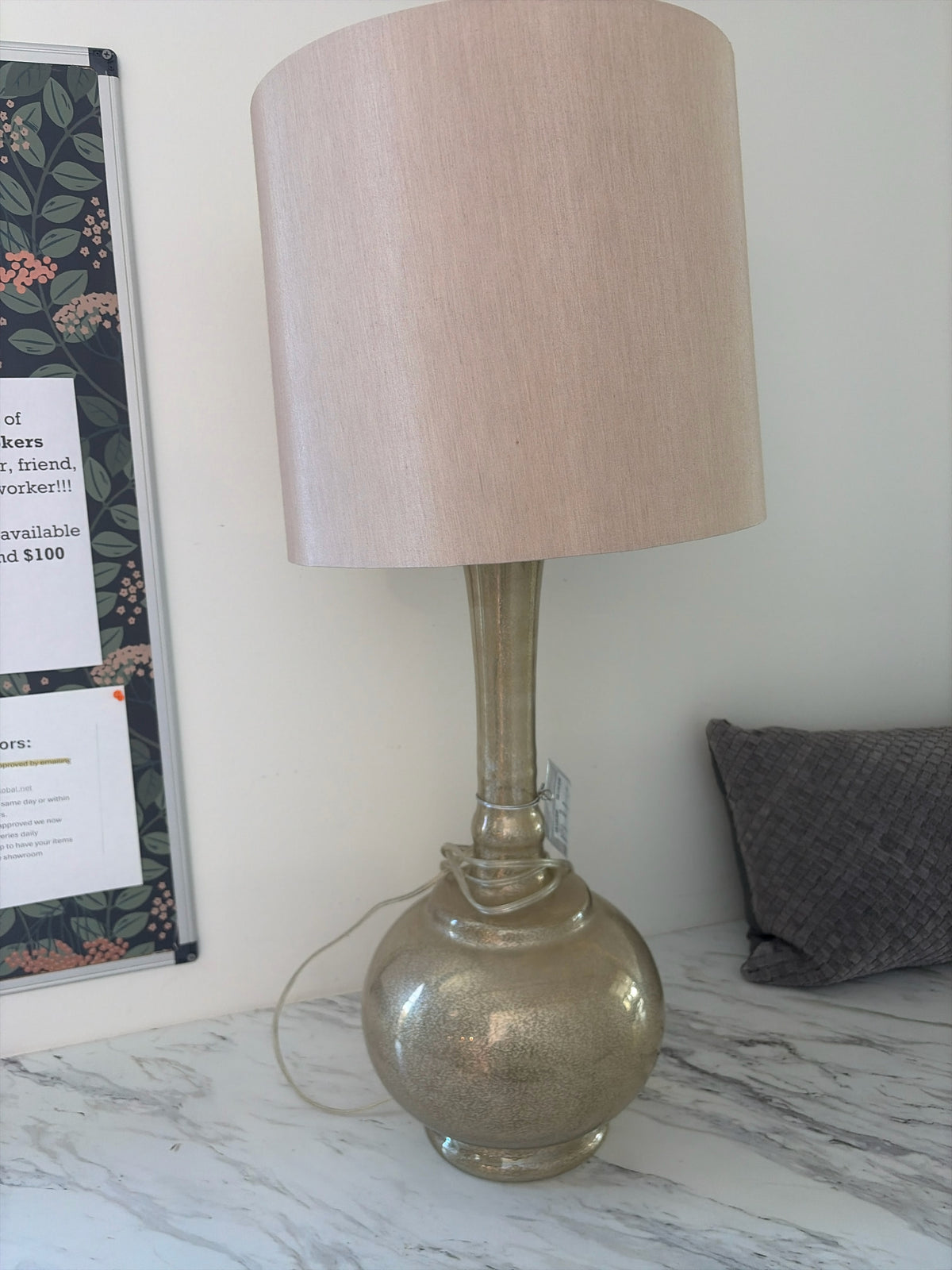 Mercury Glass Lamp w/Slender Neck w/Tan Shade