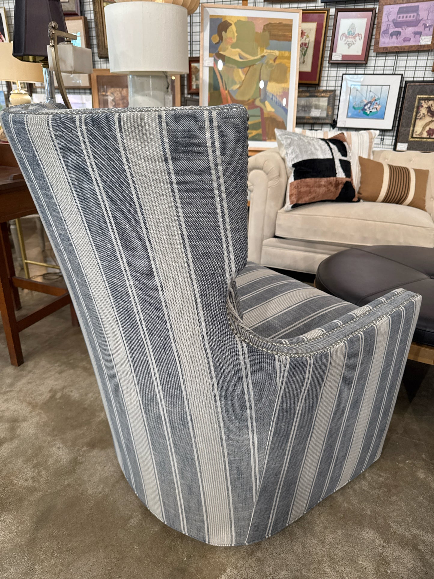 Wesley Hall Luna Swivel Chair in Blue-Gray/Tan Stripes (New)