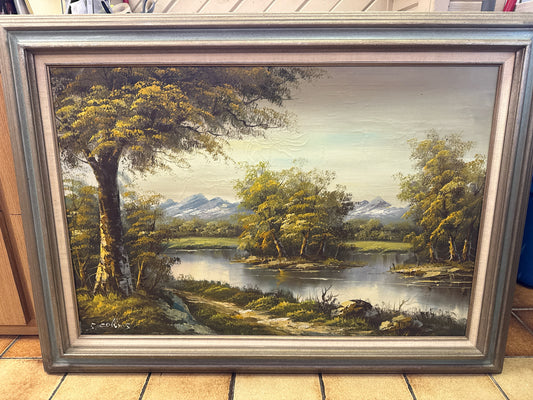 Vintage Original by S. Collins Landscape in Blue/wood Frame 42 x 30.5