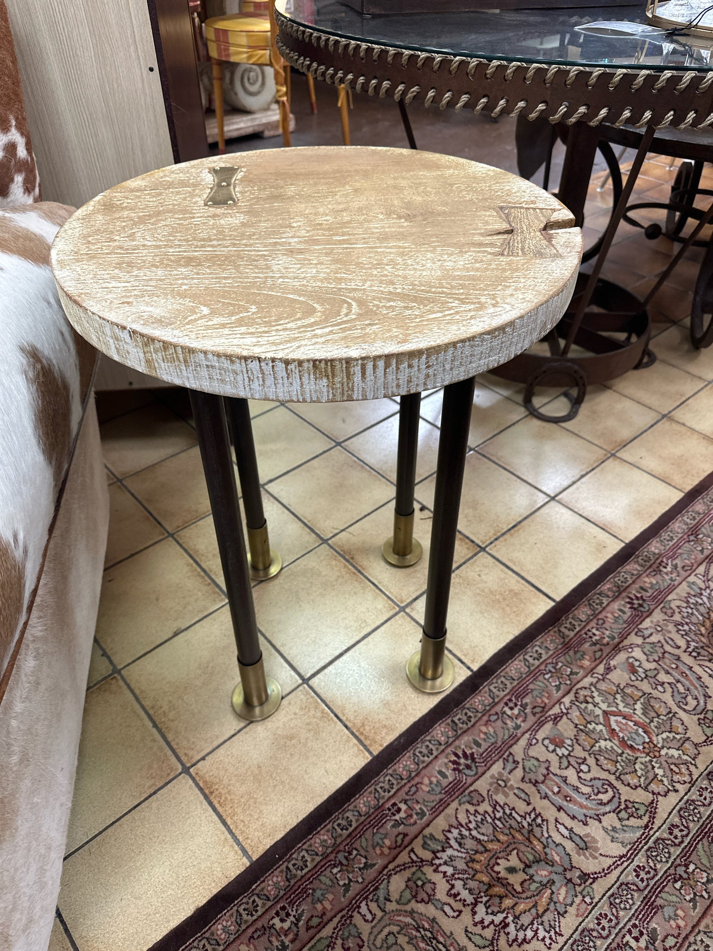 Anthropologie Home Wood Round /Brass Detail Side Table