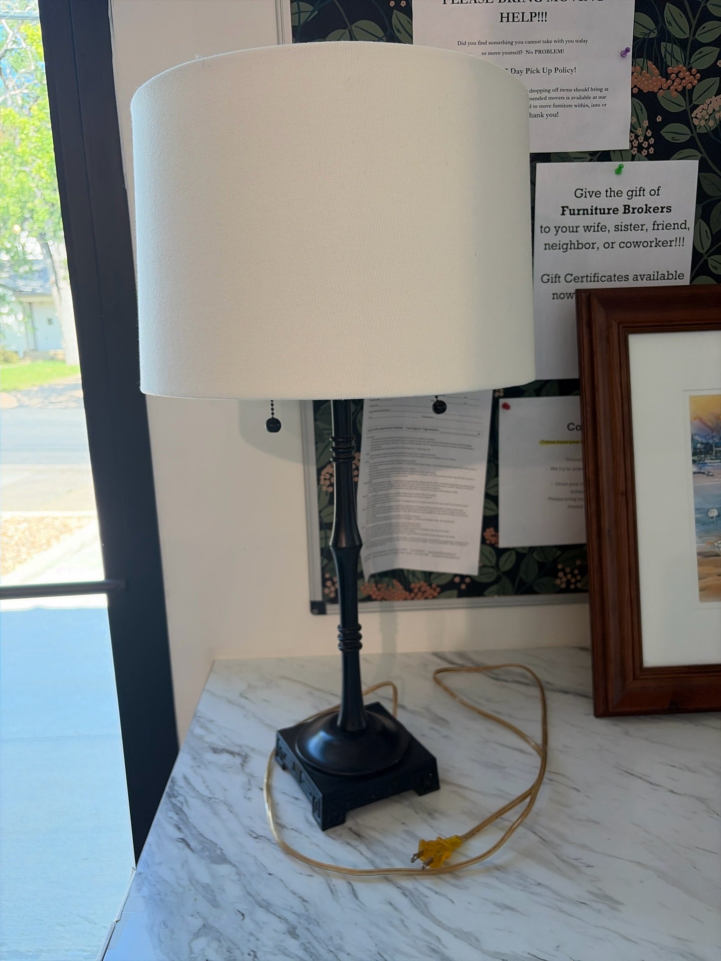 Black Metal Candlestick Lamp w/Asian Inspired Base w/Cream Shade