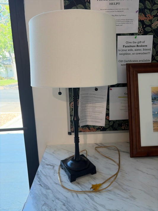 Black Metal Candlestick Lamp w/Asian Inspired Base w/Cream Shade