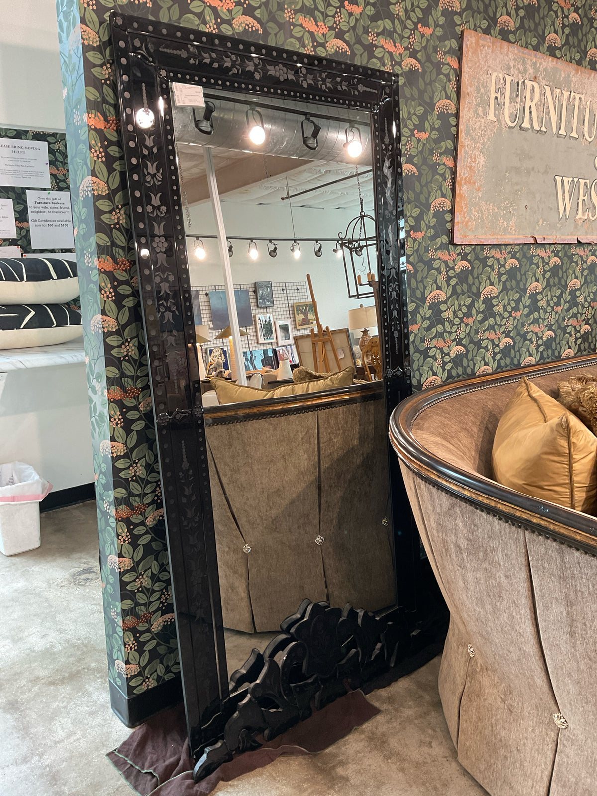 39 x 78H Venetian Mirror, Black Glass Floral Motif Frame