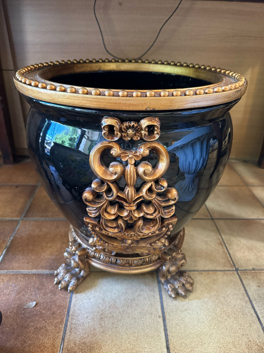 Bombay Black Porcelain Jardiniere with Gold Design and Gold Footed Stand