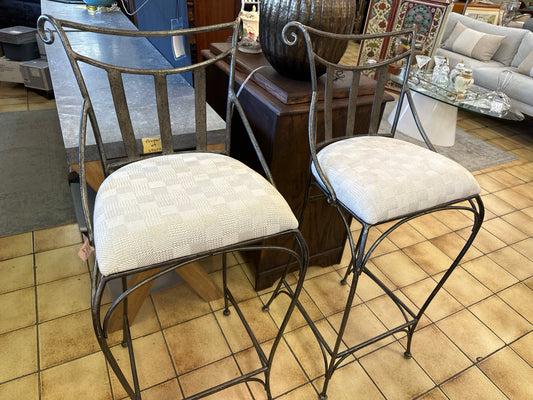 Pair of Metal Bar Stools with Cream Upholstery