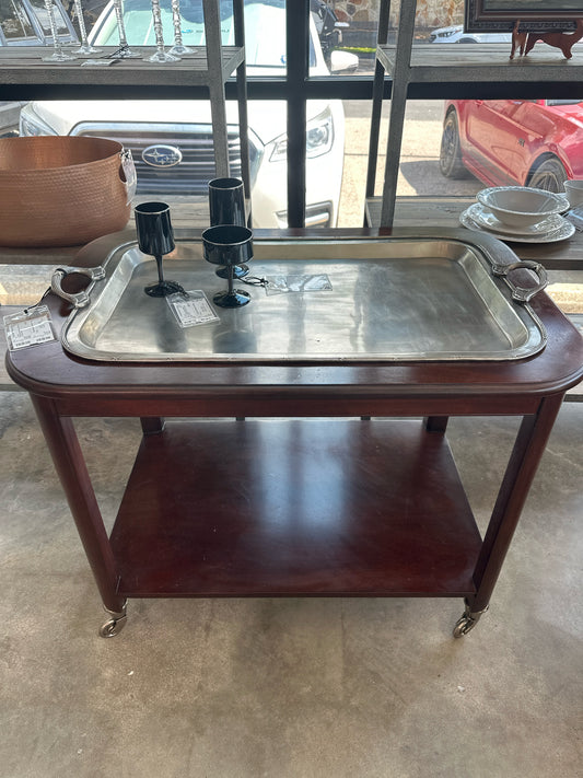 Dark Wood Pewter Tray Bar Cart w/ Lower Shelf
