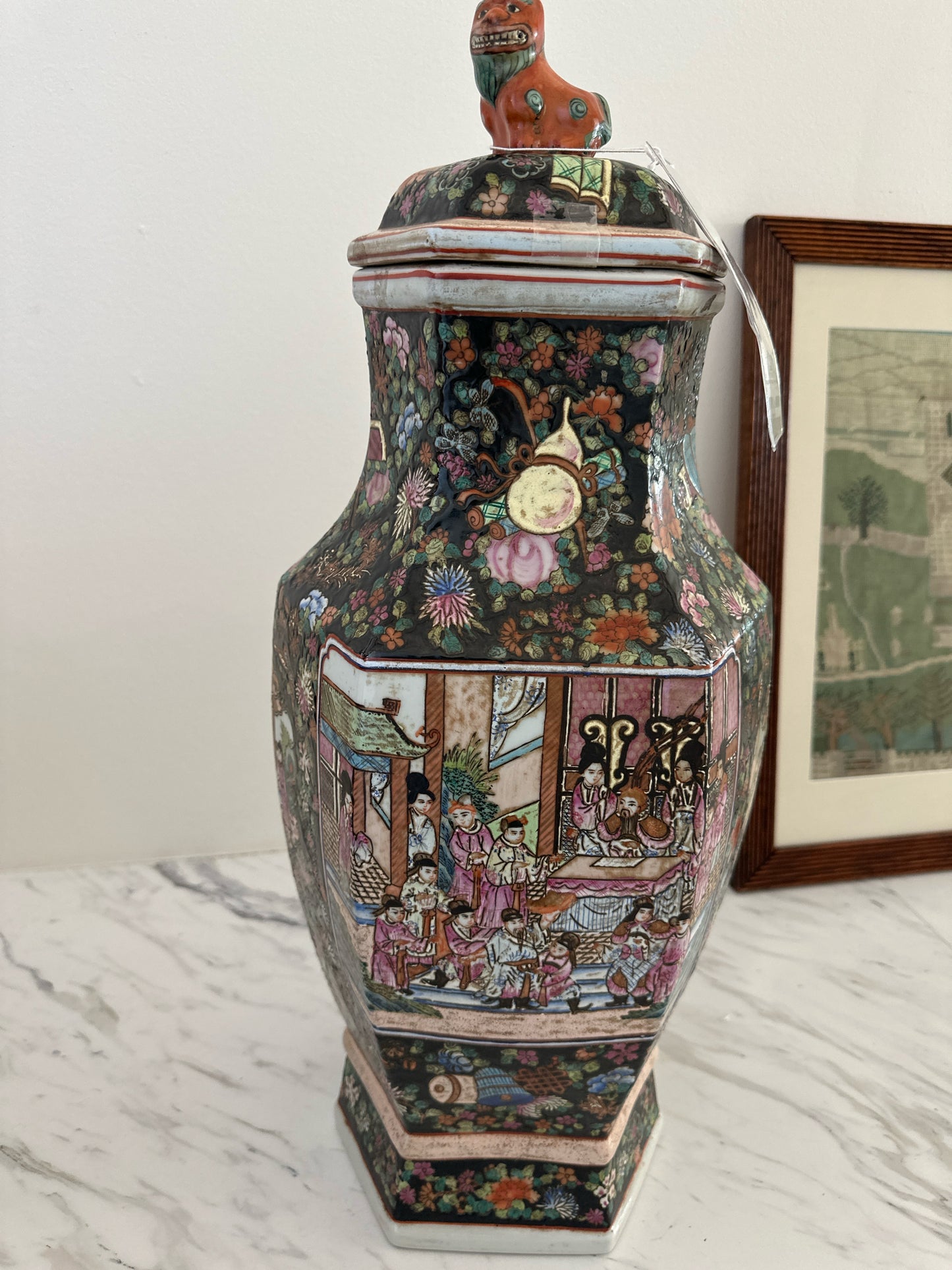 Black Asian Urn Multi Color w/ Foo Dog Top 24"t