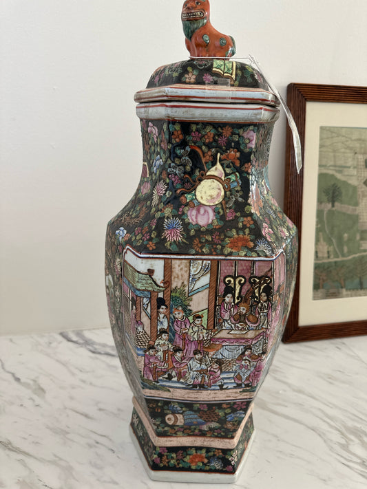 Black Asian Urn Multi Color w/ Foo Dog Top 24"t
