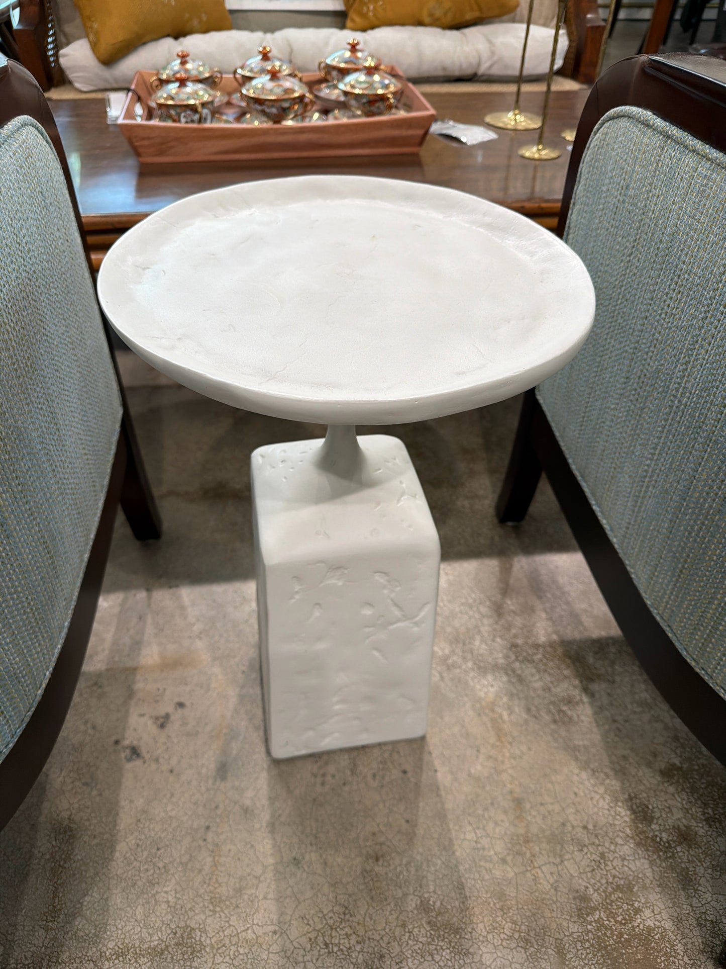 TA Lorton Luna Accent Table White Pedestal Round Top Block Base
