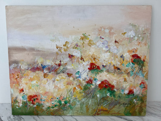 Original Oil Frameless Canvas Abstract Poppy Flower Field (signed, 28" x 22")