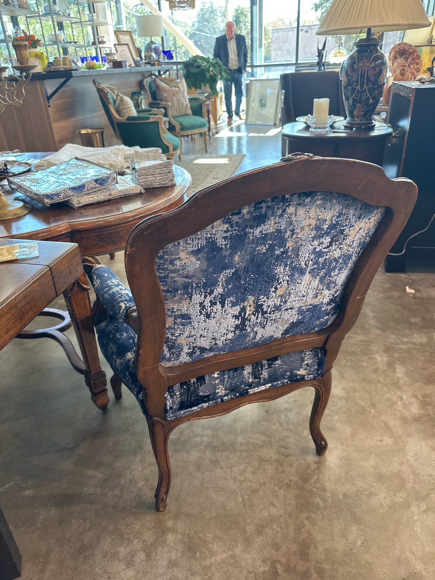PAIR French Style Blue/White Upholst. Wood Arm Chairs