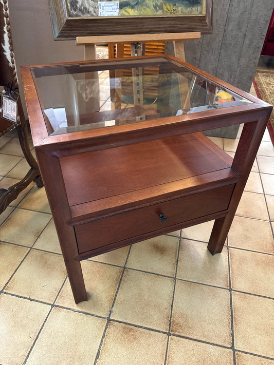 Bassett Wood Side Table with Glass Top and Drawer