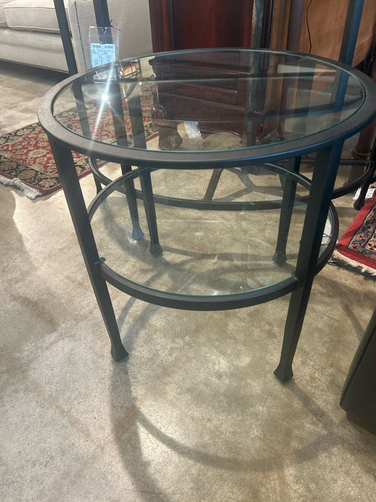 Pottery Barn Tanner Round 24" X 24" End Table Black With Glass Top And Bottom S