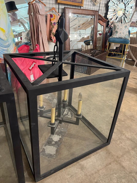 28"Square Large Black Metal/Glass Cage 4 Light Chandelier