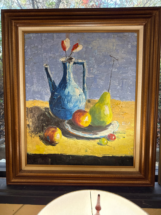 Original Oil Painting of Blue Pitcher and Fruit Still Life (28" x 32")