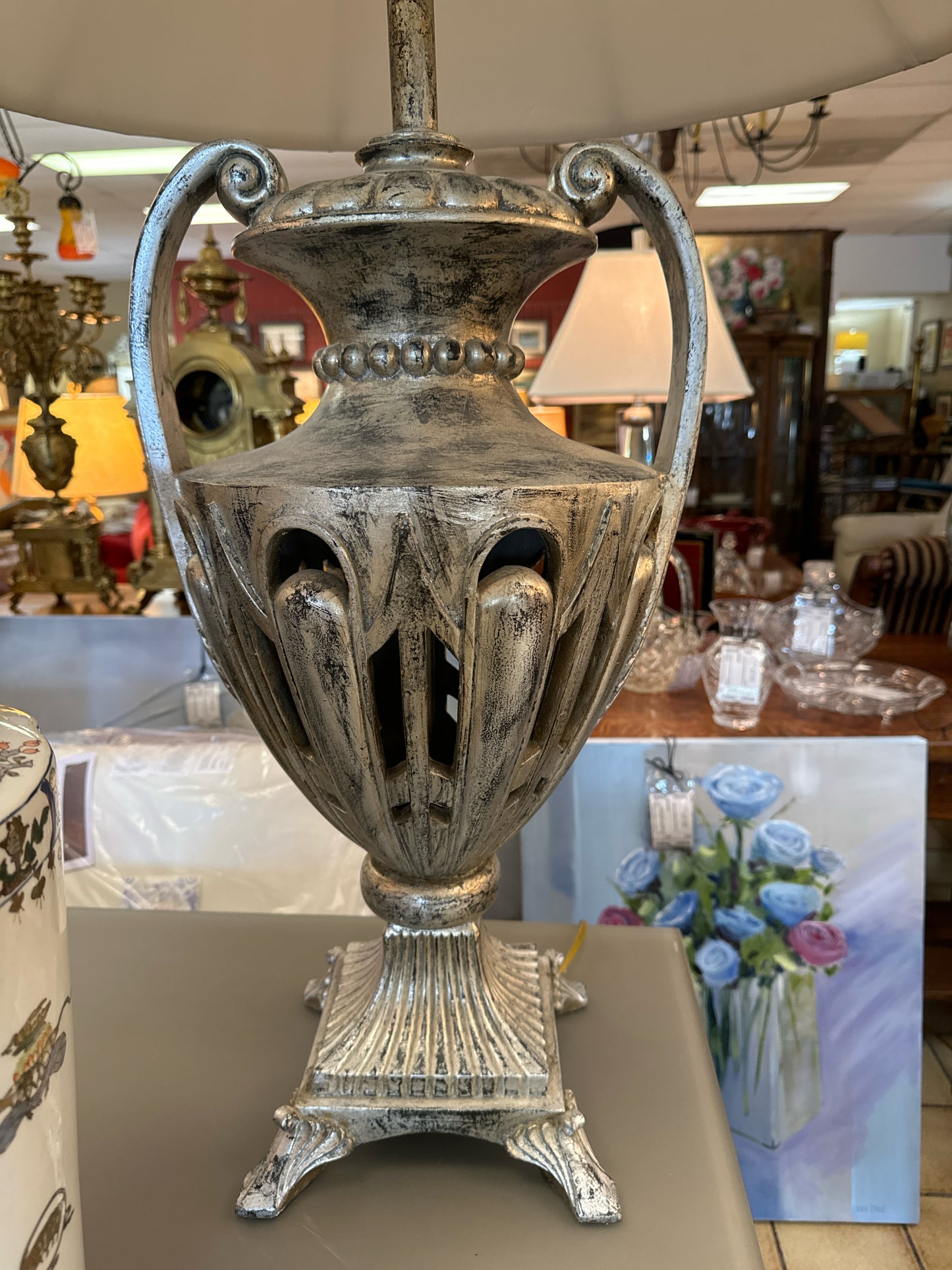 PAIR of Large Silver Urn Style Lamps with Cream Shades