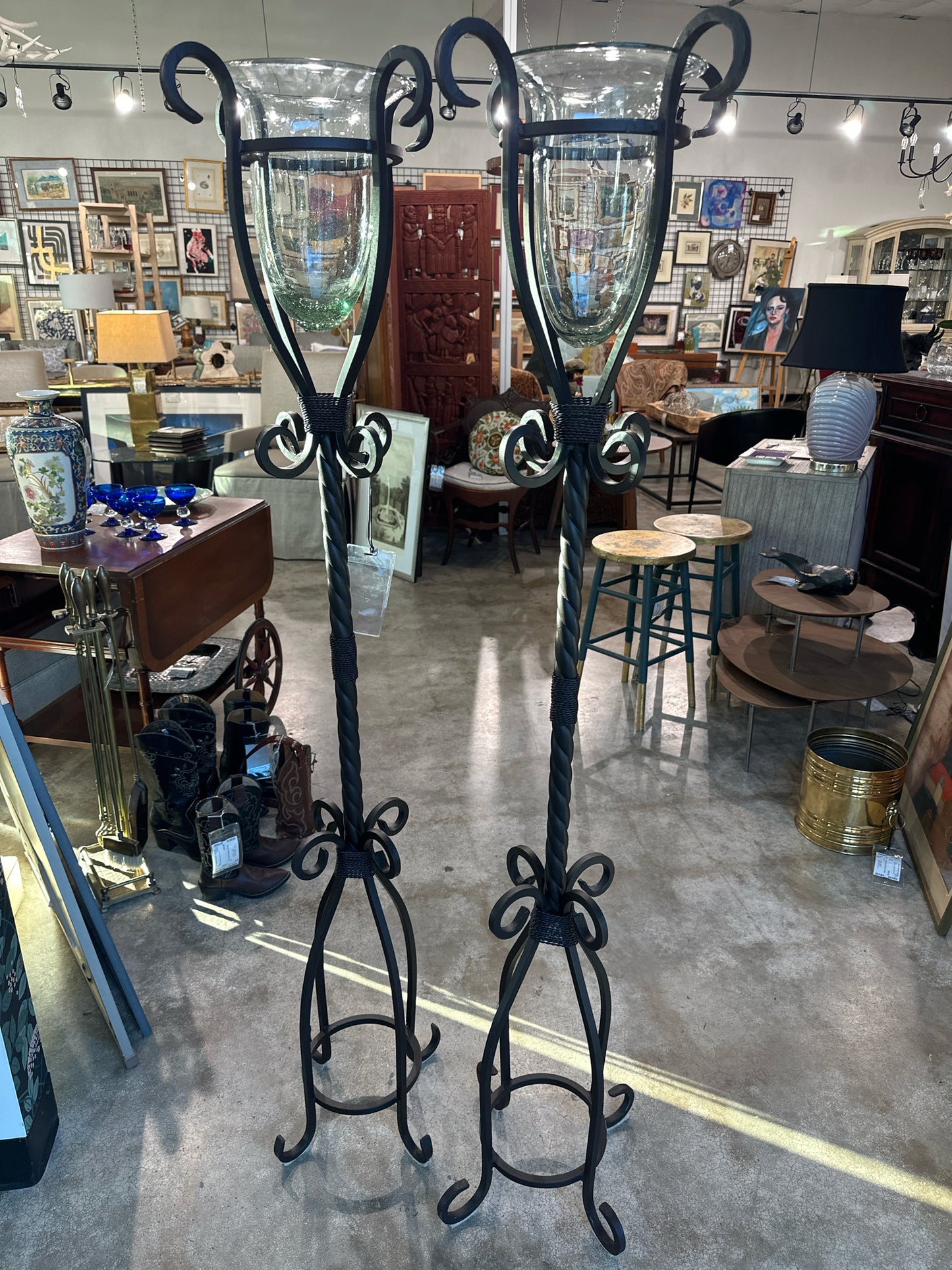 PAIR Floor Metal Scroll Flower/Candle Holders