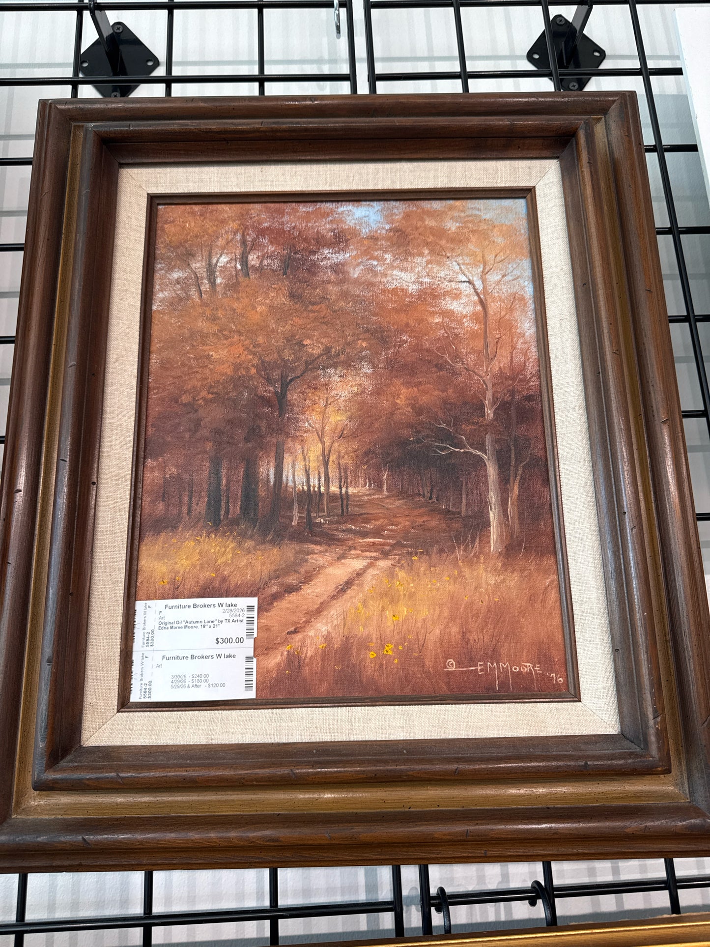 Original Oil "Autumn Lane" by TX Artist Edna Maree Moore, 18" x 21"