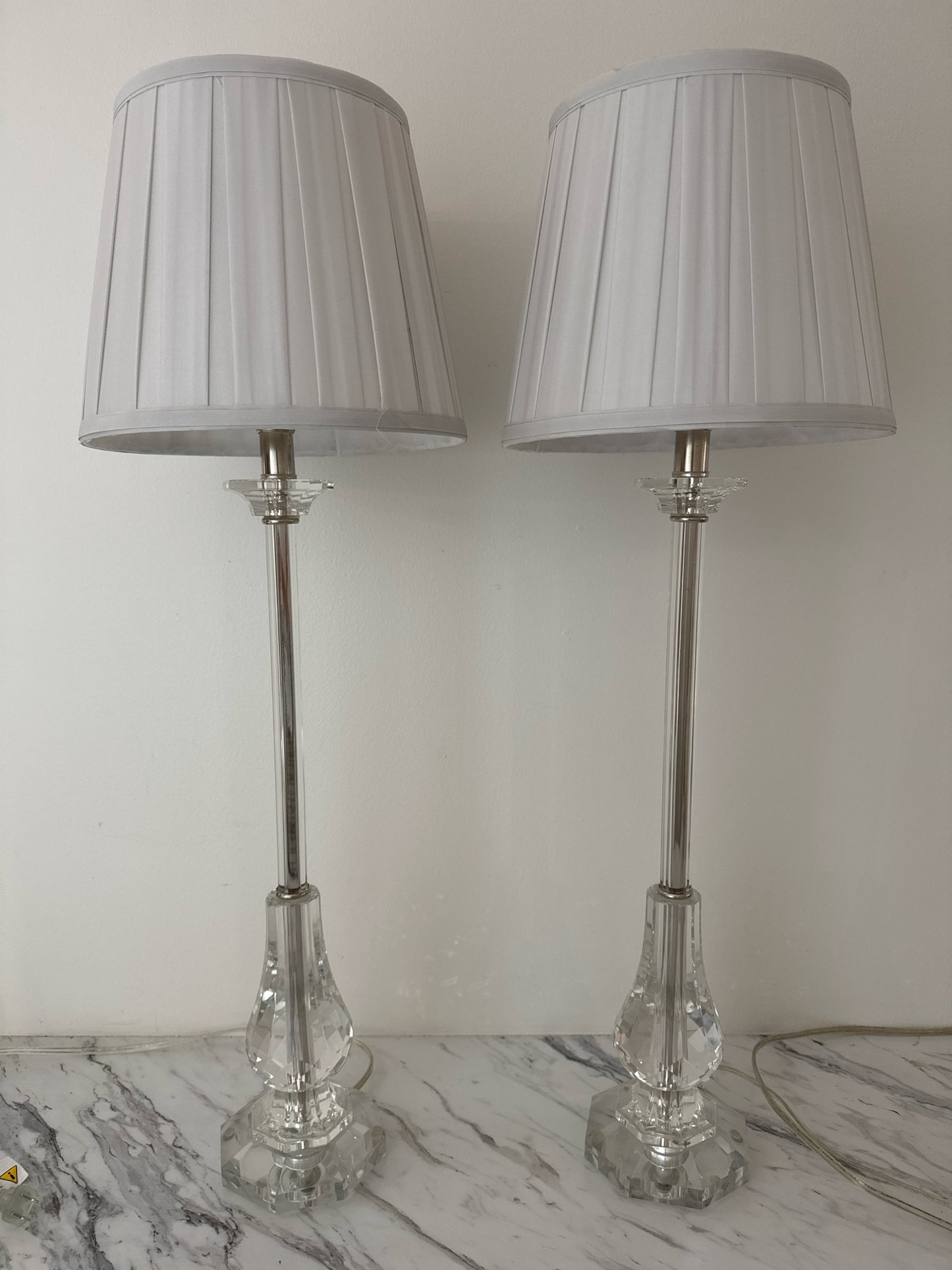 Pair of Acrylic Buffet Lamps with White Pleated Shades