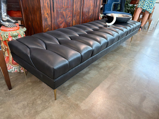 Black Leather Tufted Bench w/ Gold Tapered Metal Legs 7' x 2'