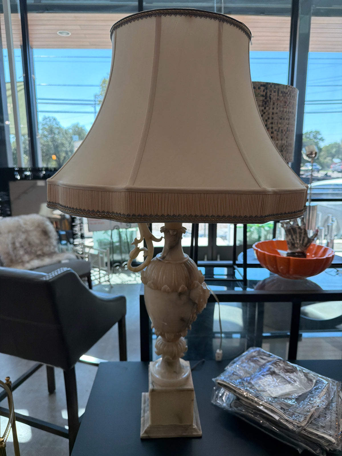 Antique Italian Alabaster Lamp w/ Silk Shade Pleated Detail