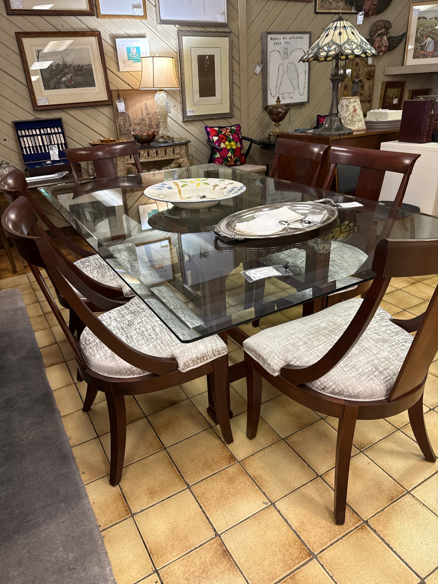 Ethan Allen Glass Top Dining Table With 7 Chairs / Custom Upholstery
