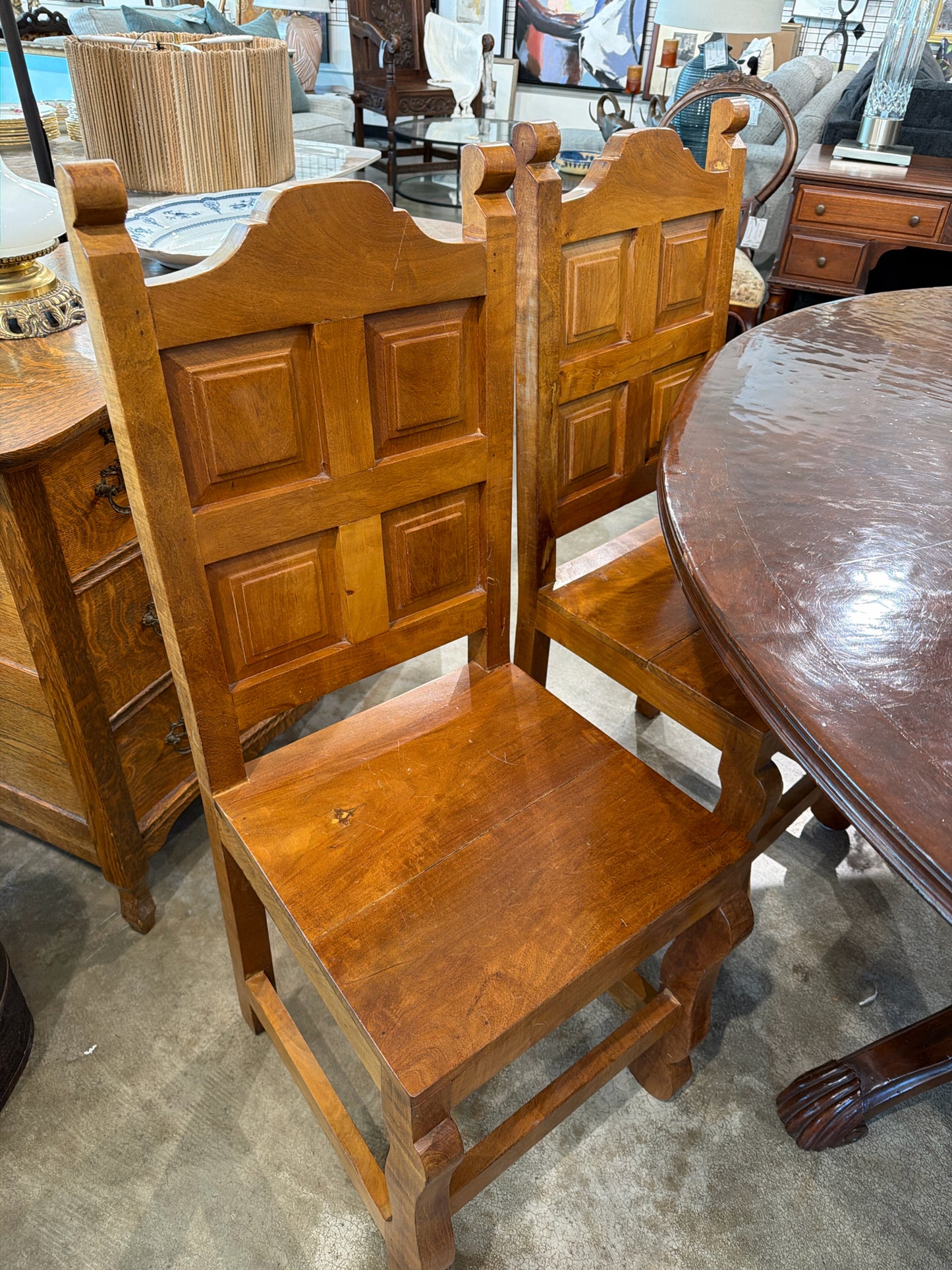 SET of 4 Wood Armless Chairs Carved Mesquite Wood Square Detail
