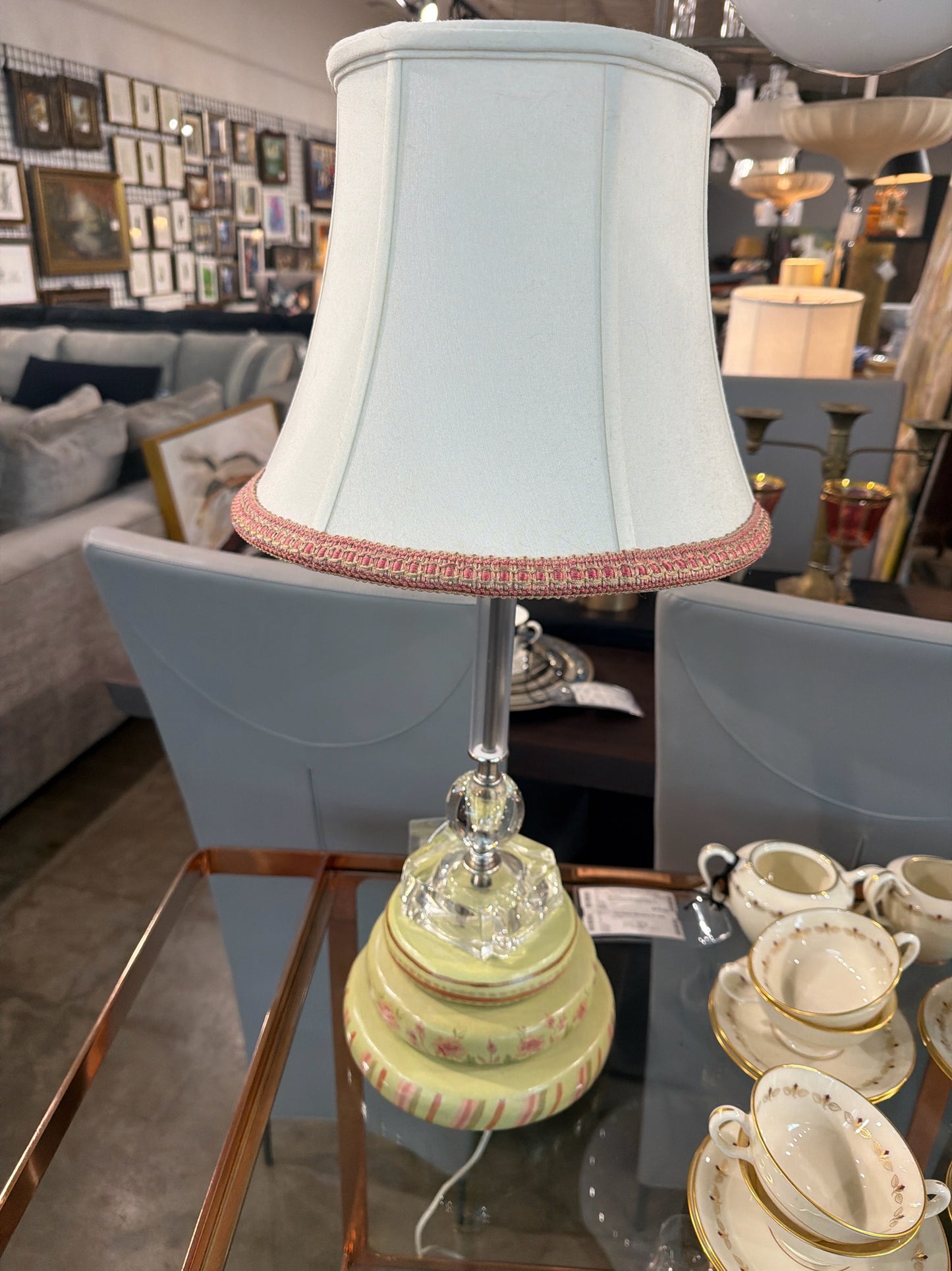 Custom Made Painted Wood-Pink/Green Lamp w/ White Silk Shade