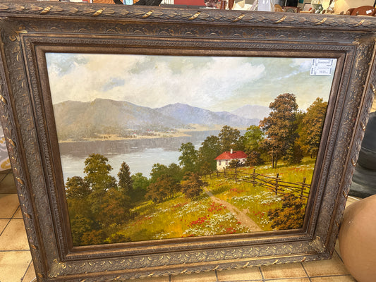 Landscape w/Cottage &  Lake Oil on Canvas w/Ornate Frame (49"x 40")