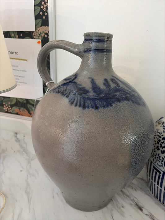 Antique Salt Glazed Stoneware Jug w/Gray/Cobalt Blue