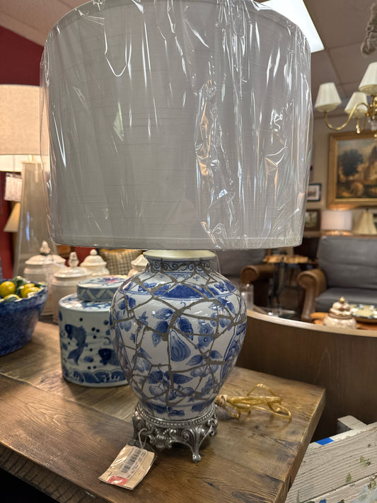 Mosaic Blue & White Lamp w/ White Shade 22"