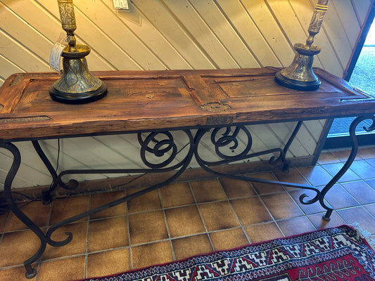 Antique Door Wrought Iron Base Console 59w X 18.5d X 30h