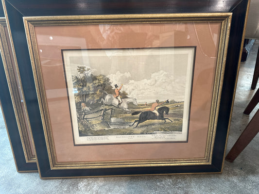 "Bachelors Hall" Equestrian Art in Wood/Gold Frame 27 x 24