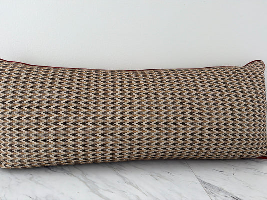 Custom by Rutherfords Lumbar Pillow-Beige/Brown Woven Red Trim 14 x 36