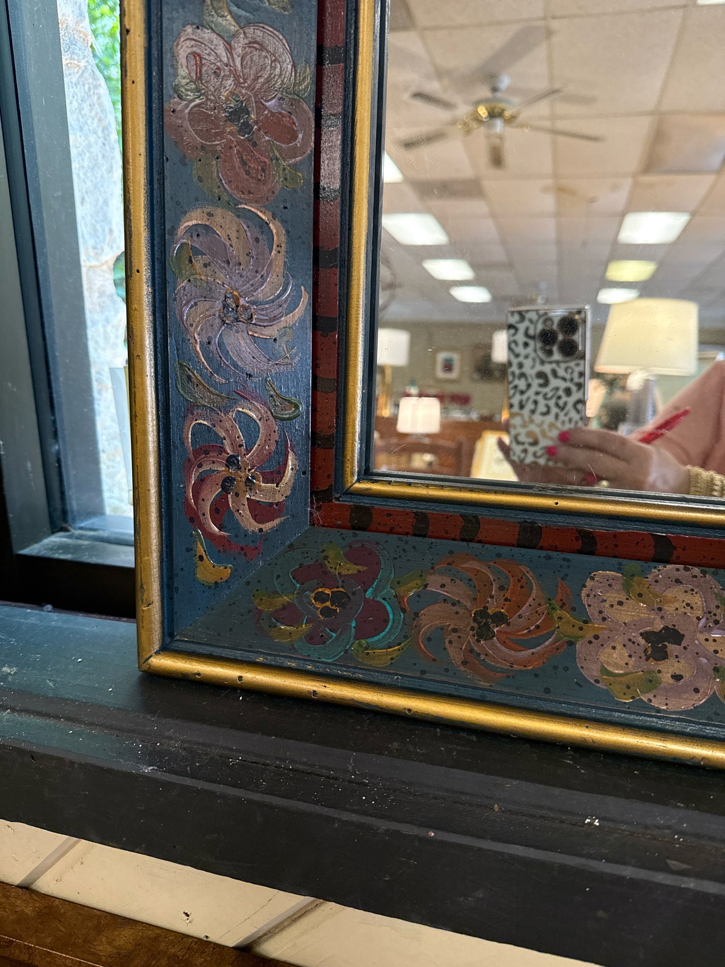 Signed David Marsh hand Painted Mirror Burgundy & Blue Floral w/Gold Edges (31"x