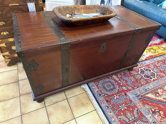 Large Vintage Wood Chest with Iron Strapping and Handles